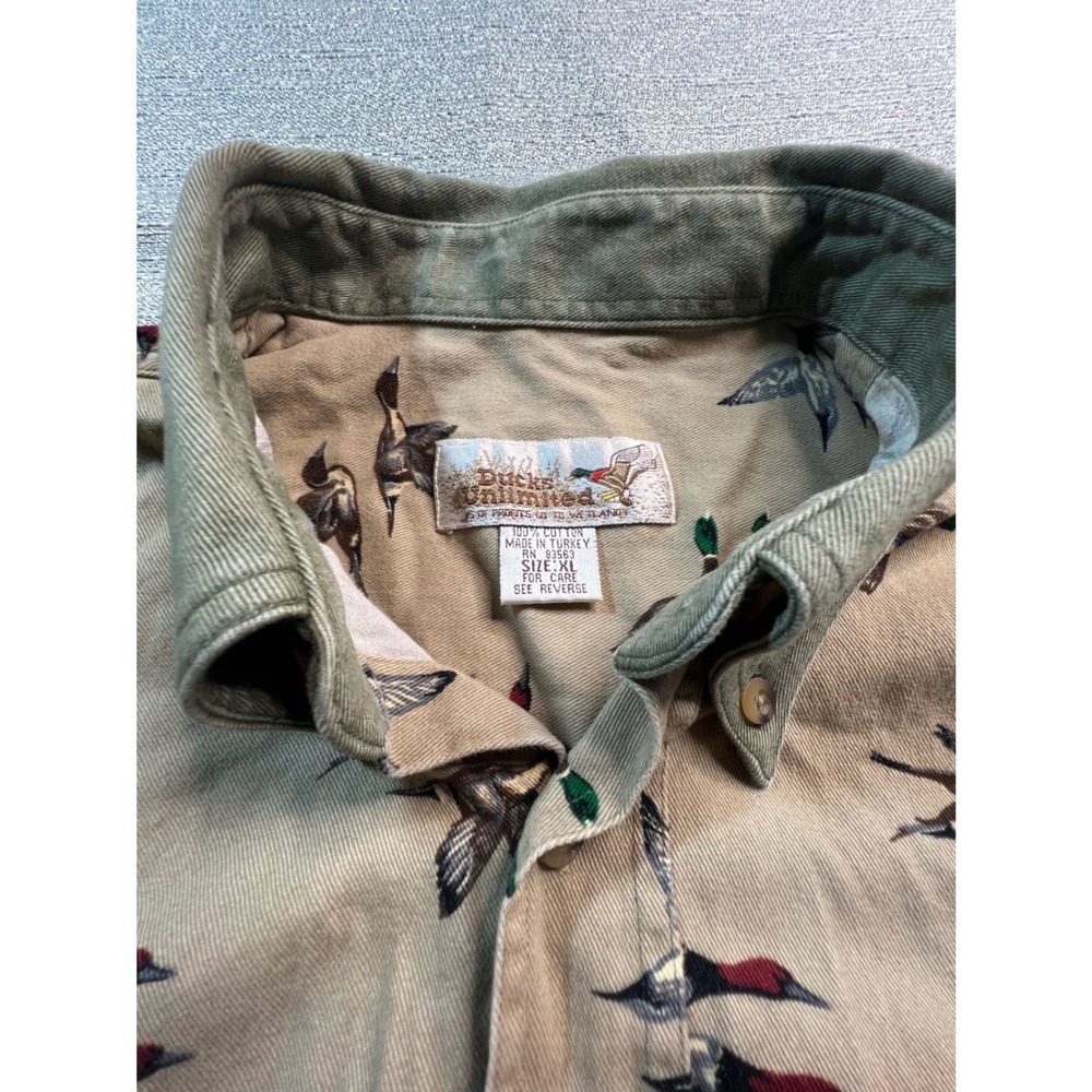 Mens Mallard Duck Flight Print Button Down Shirt Tan Cotton Canvas Hunting L - Picture 2 of 7